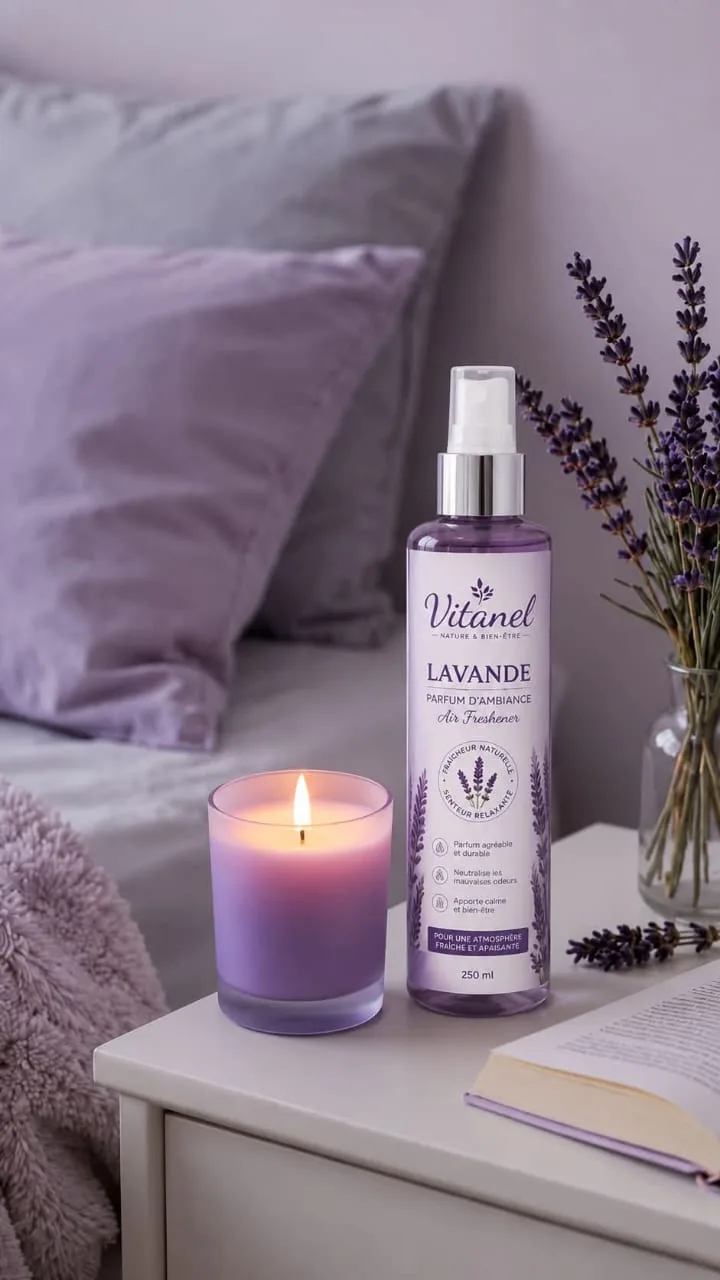 Parfum d'ambiance Lavande Vitanel sur une table de chevet, près d'une bougie et de brins de lavande