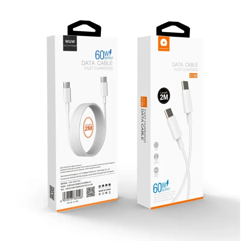 Câble de charge rapide WUW X189 — USB-C vers USB-C 60 W, 2 m