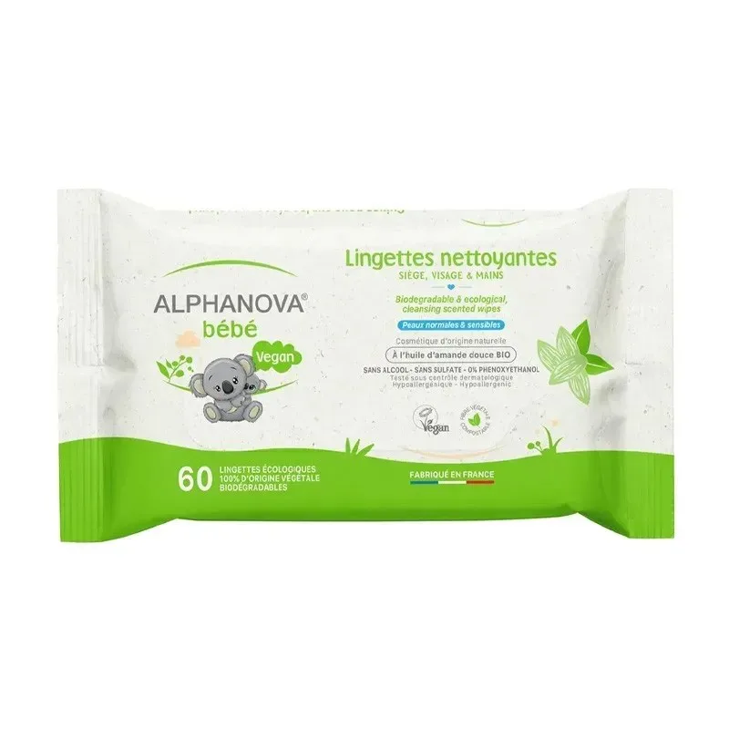 ALPHANOVA Bébé Lingettes Nettoyantes à l'huile d'amande Douce Bio *60