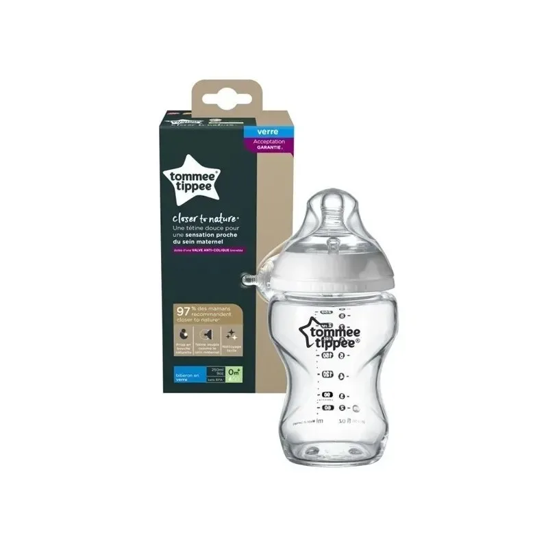TOMMEE TIPPEE Colse To Nature Biberon Blan en Verre 0m+ 250 ml