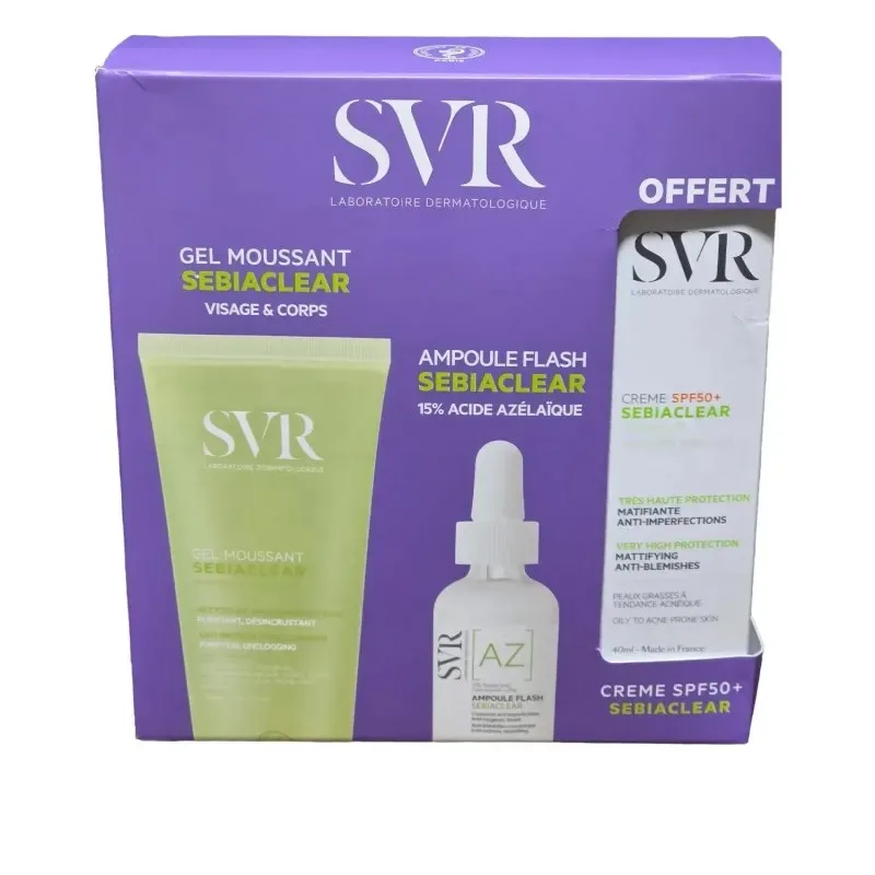 SVR Coffret Sebiaclear Gel Moussant 200 ml + Ampoule AZ Flash Anti-Imperfections 30 ml + Crème Solaire Matifiante SPF50 40 ml